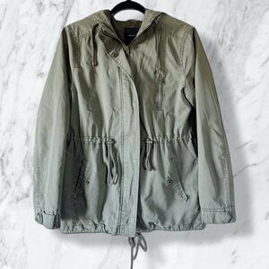 Olive Green Utility Jacket – Hooded, Drawstring Waist, Zip & Snap Front